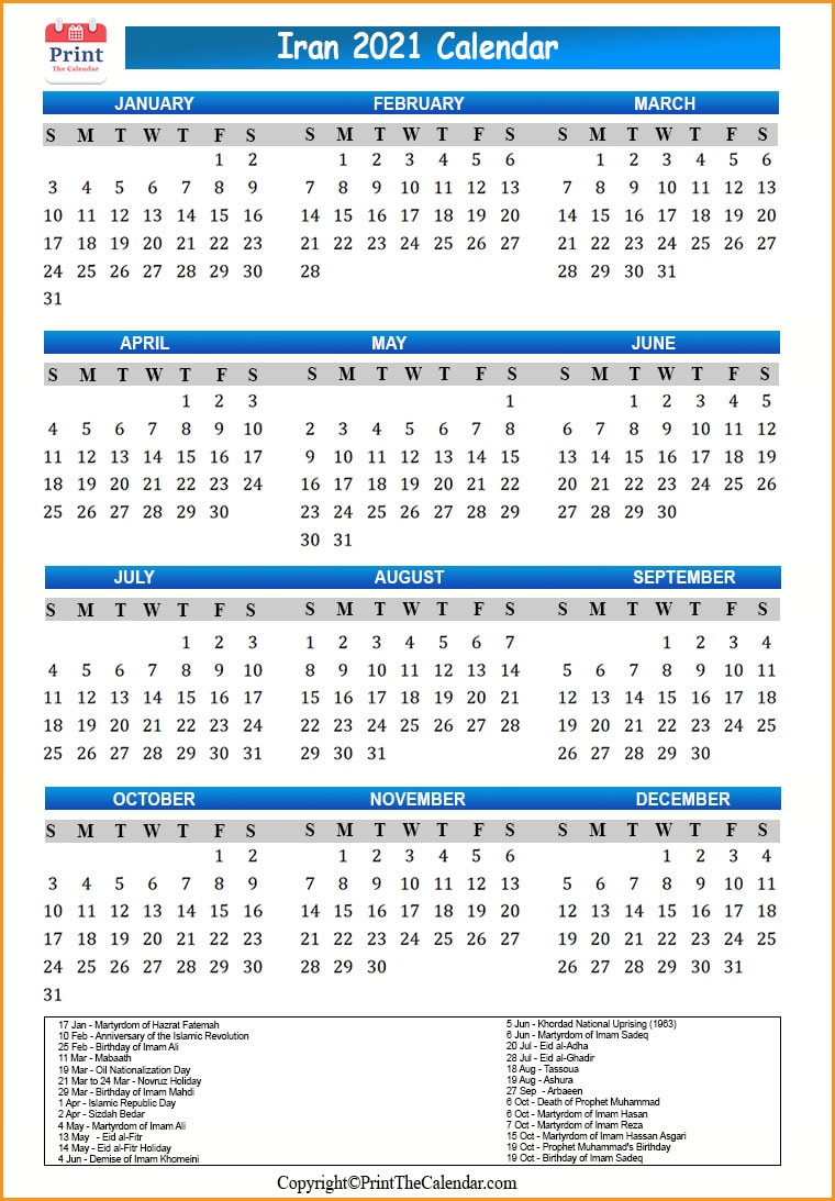 Iran Calendar 2021